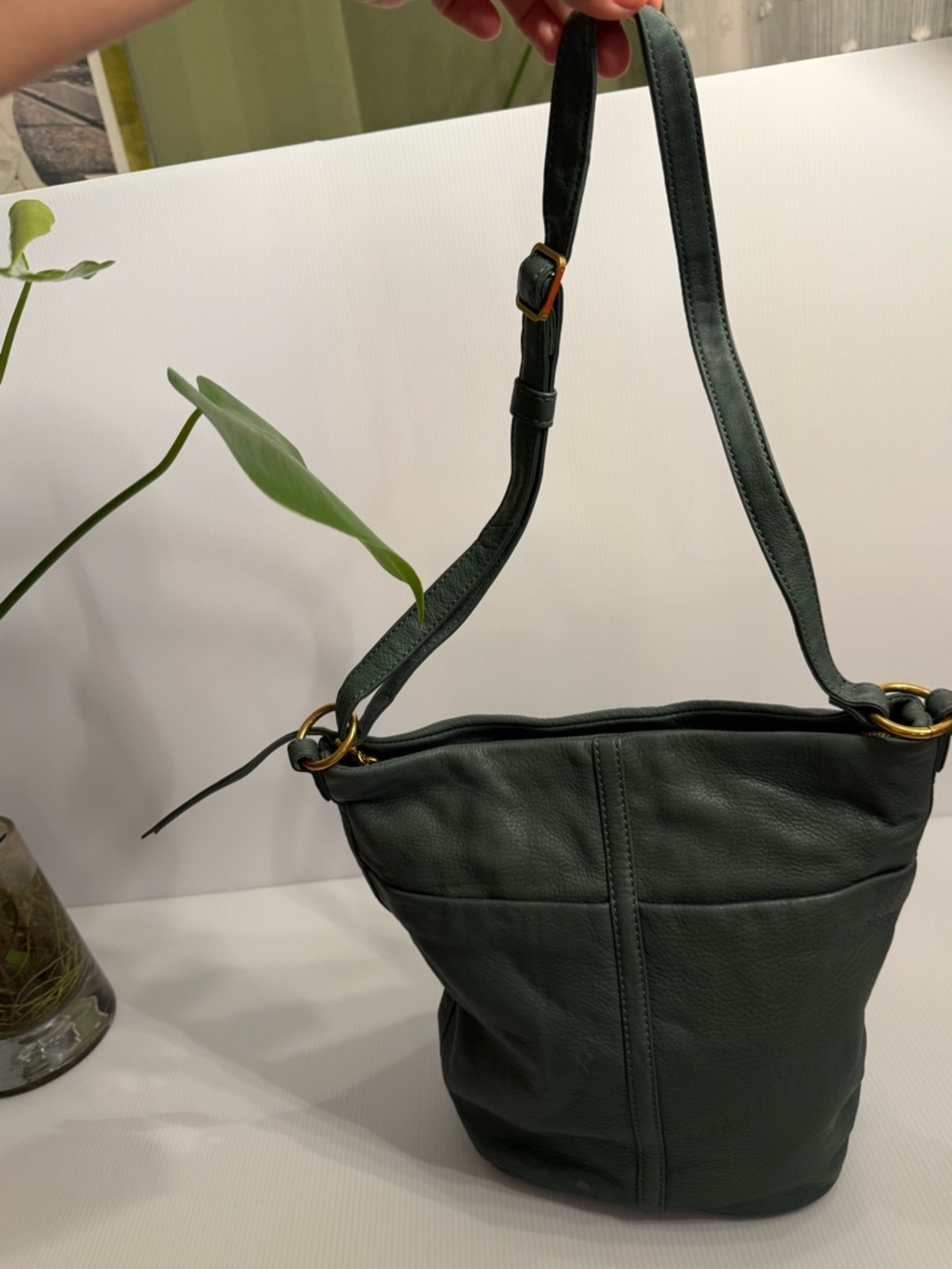 Fern Sage Green Leather Bucket Crossbody Purse